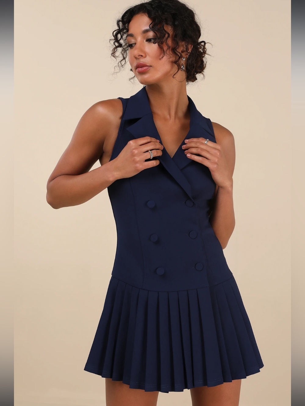 Lulus Posh Vision Navy Sleeveless Blazer Pleated Mini Dress